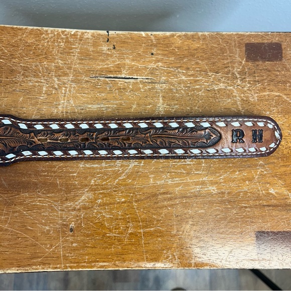 Vintage Roger RH Brown Leather Belt Custom Buckle Tony Lama Western Southwestern - Picture 8 of 12